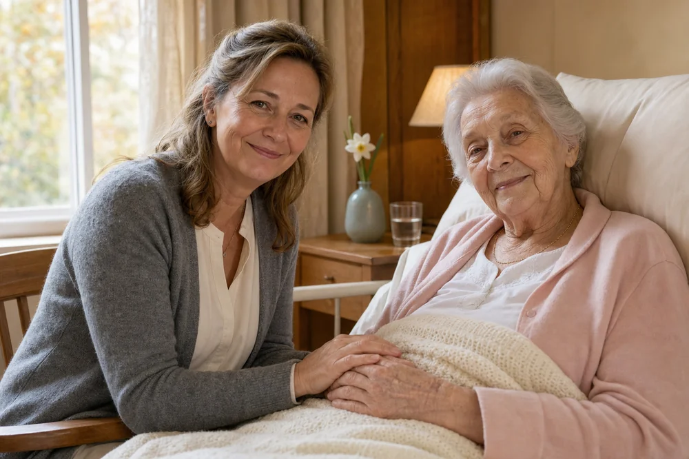 Hospizbegleiterin im ruhigen Gespräch mit einer Bewohnerin