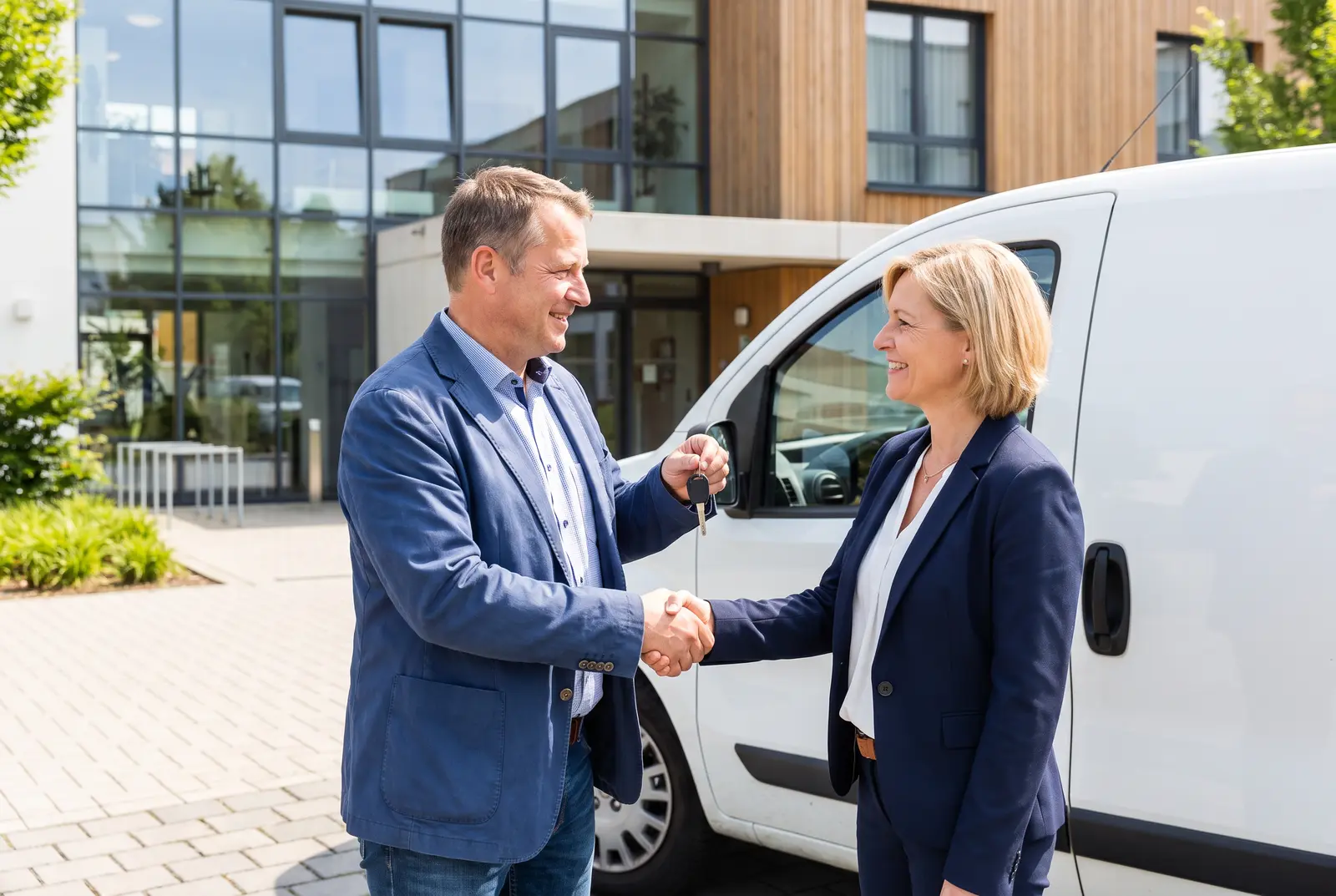 Lokaler Unternehmer im Gespräch mit der Leitung einer sozialen Einrichtung bei einer Fahrzeugübergabe