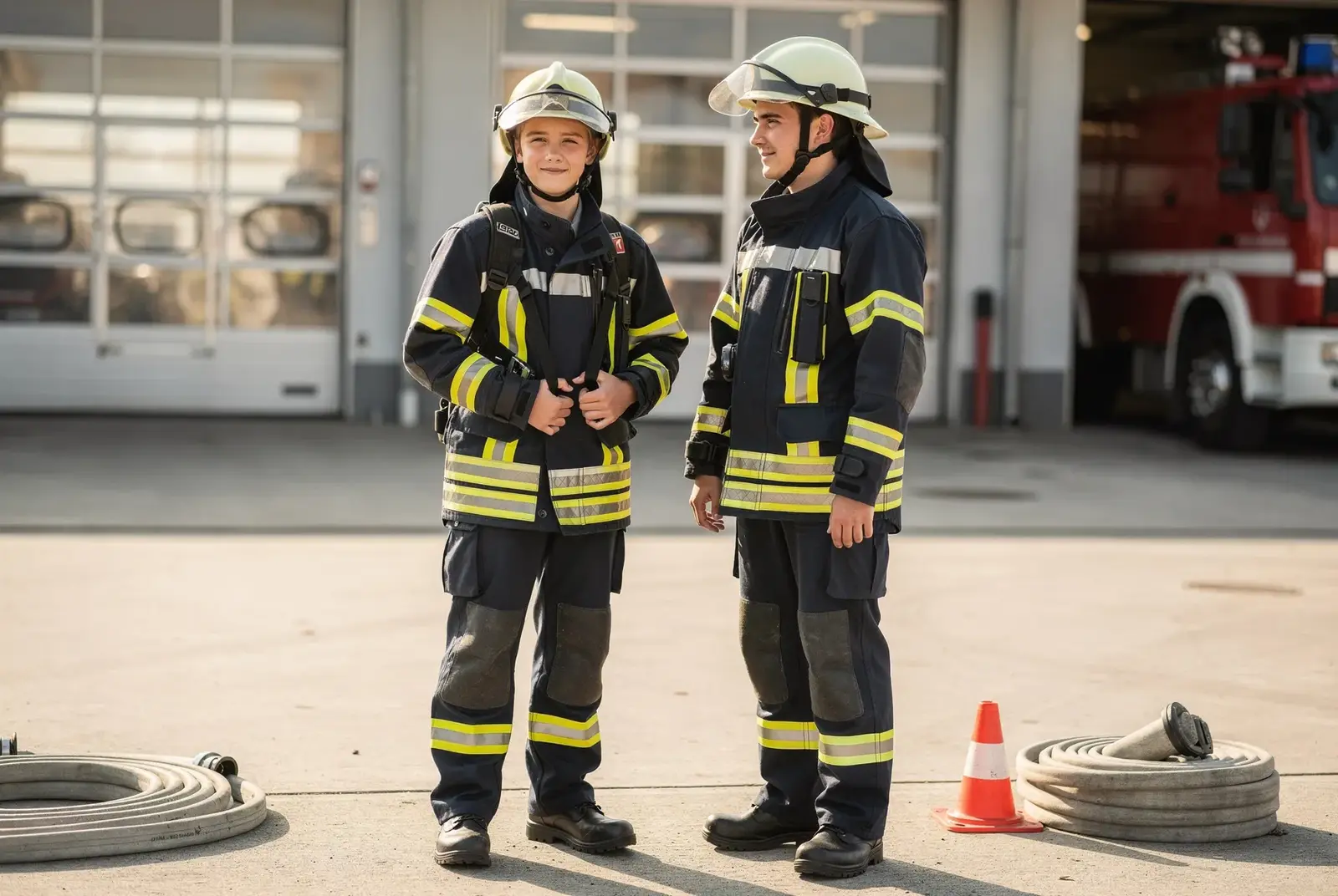 Eine Jugendfeuerwehr-Gruppe in Übungsuniform steht vor einem feuerroten Kofferanhänger, im Hintergrund ein Gerätehaus. Tageslicht, Spätsommer, Kinder lachen, ein:e Ausbilder:in zeigt etwas an einer Spritzwand.