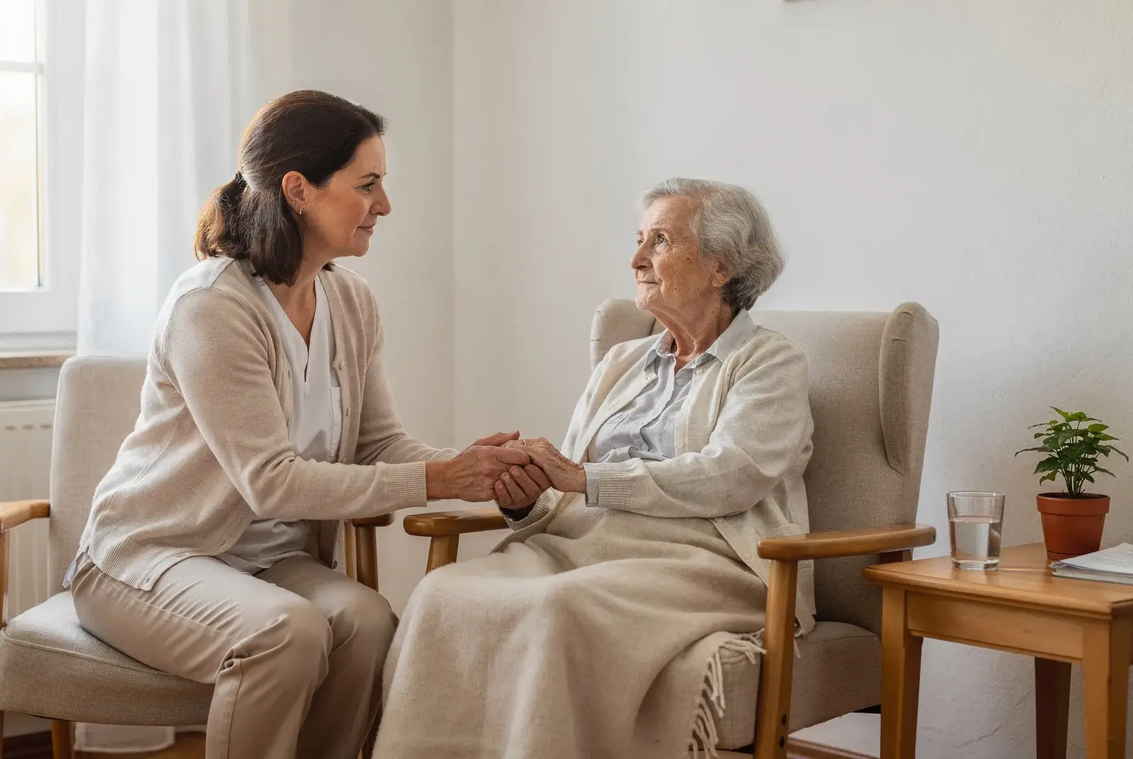 Pflegekraft hält die Hand einer älteren Patientin am Krankenbett. Würdevolle Begleitung am Lebensende.