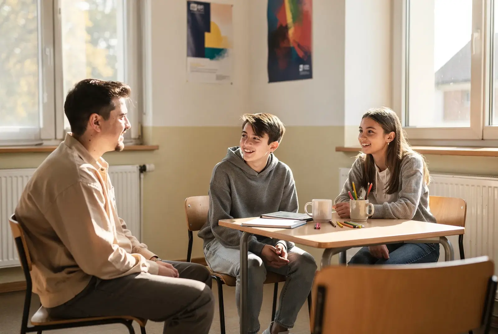 Jugendzentrum am späten Nachmittag, warmes Tageslicht. Im Vordergrund ein Tischkicker, im Hintergrund unscharf eine Gruppe Jugendlicher, die zusammen lachen. Keine Gesichter im Fokus. Atmosphäre, nicht Porträt.