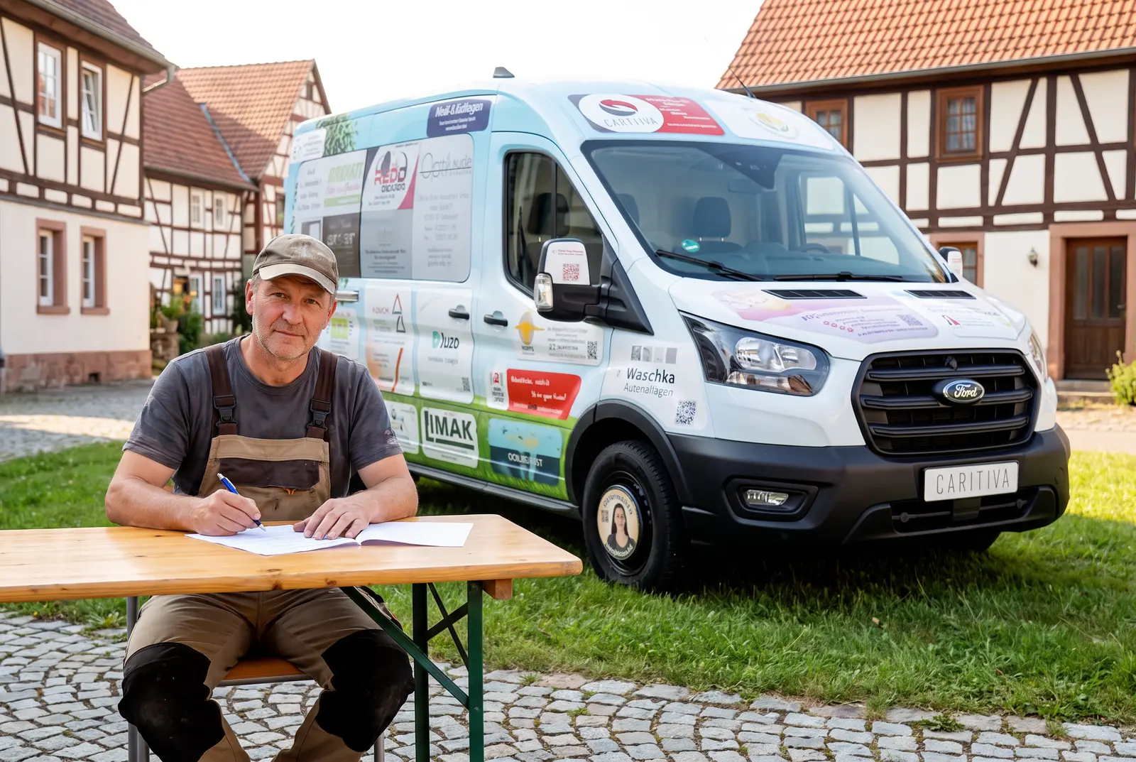 Ein lokaler Unternehmer unterschreibt bei einer Caritiva-Beraterin den Werbevertrag.